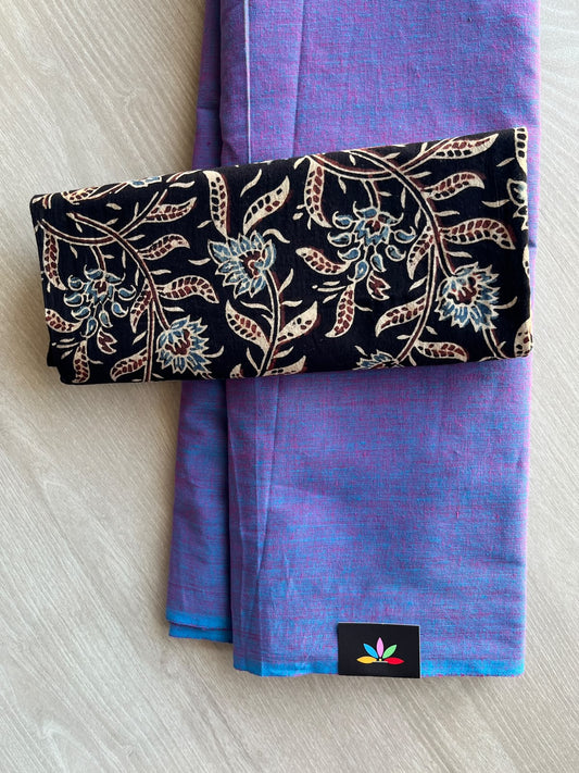 Plain Cotton Saree with Contrast Blouse - 37283-37284