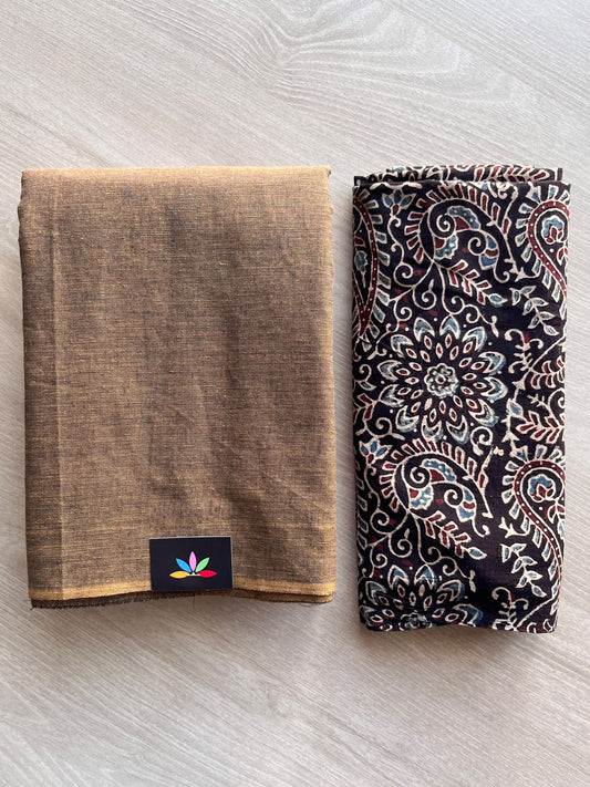 Plain Cotton Saree with Contrast Blouse - 37287-37288