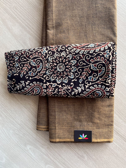 Plain Cotton Saree with Contrast Blouse - 37287-37288