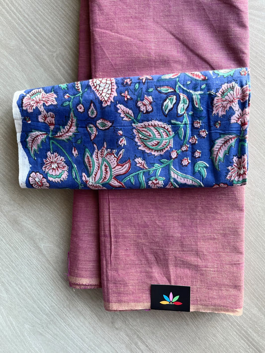 Plain Cotton Saree with Contrast Blouse - 37289-37290
