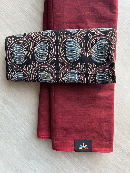 Plain Cotton Saree with Contrast Blouse - 37291-37292