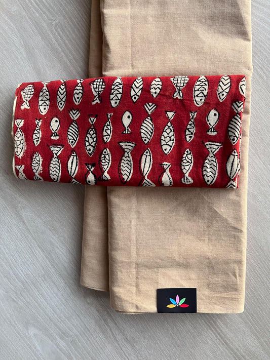 Plain Cotton Saree with Contrast Blouse - 37299-37300