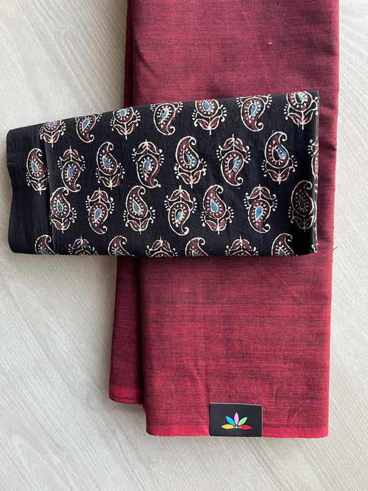 Plain Cotton Saree with Contrast Blouse - 37303-37304
