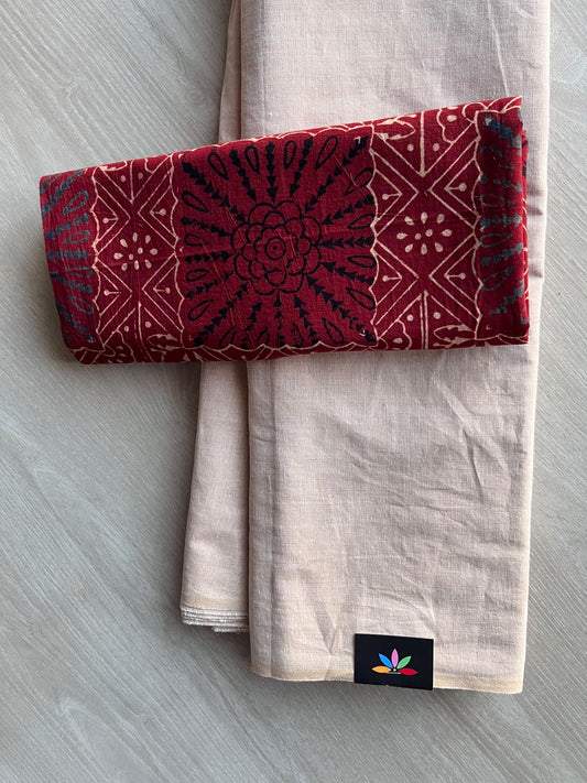 Plain Cotton Saree with Contrast Blouse - 37305-37306