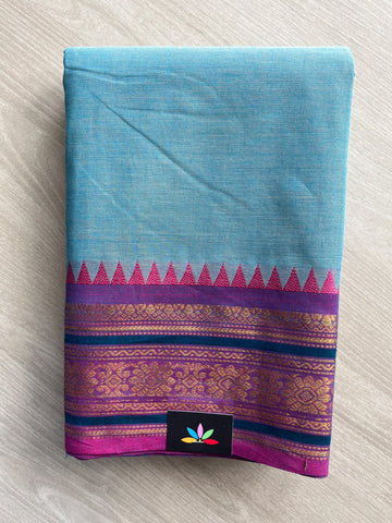 Sky-Blue Zari Border Chettinad Cotton Saree - 37325