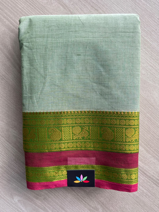 Pale Light Green Zari Border Chettinad Cotton Saree - 37332