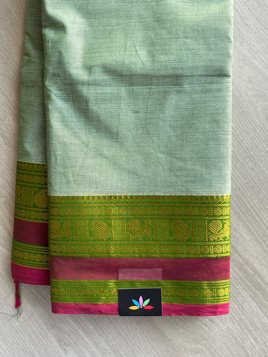 Pale Light Green Zari Border Chettinad Cotton Saree - 37332