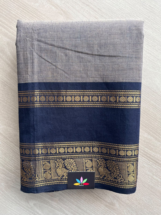 Royal Silver Grey Zari Border Chettinad Cotton Saree - 37334