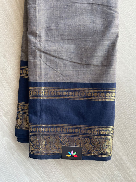 Royal Silver Grey Zari Border Chettinad Cotton Saree - 37334