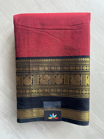 Cardinal Red Zari Border Chettinad Cotton Saree - 37352