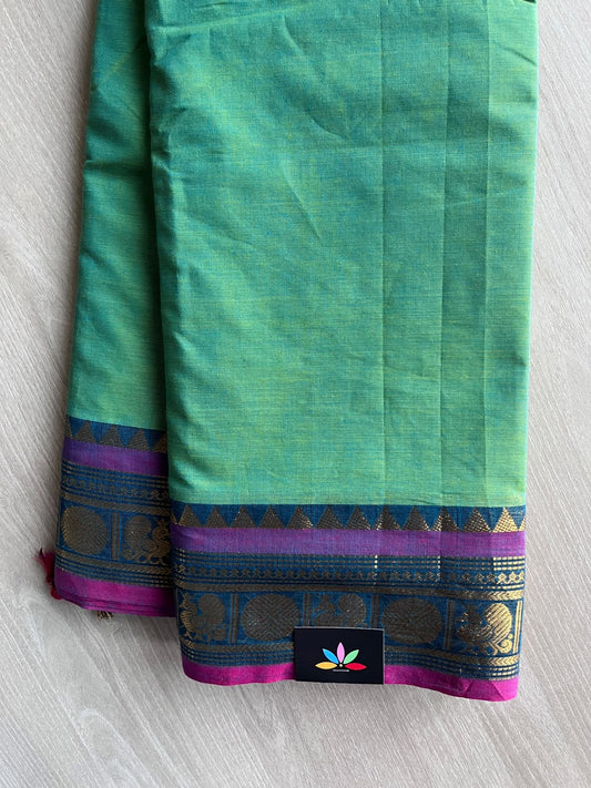 Emerald Green Zari Border Chettinad Cotton Saree - 37356-37357