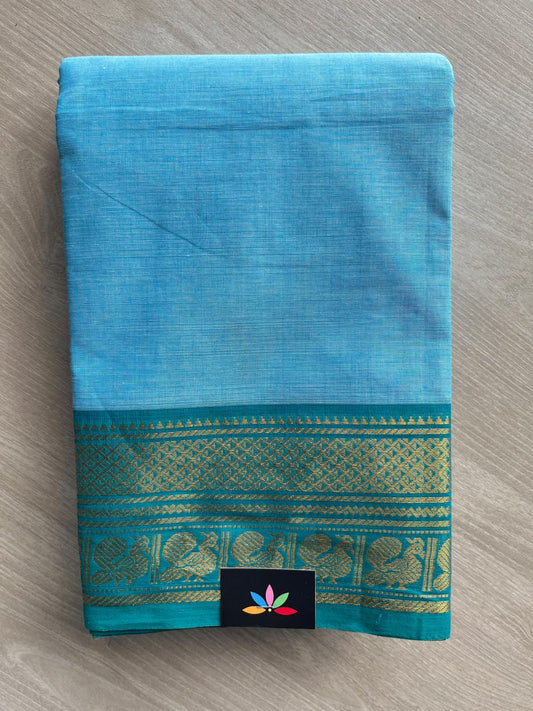 Sky-Blue Zari Border Chettinad Cotton Saree - 37358