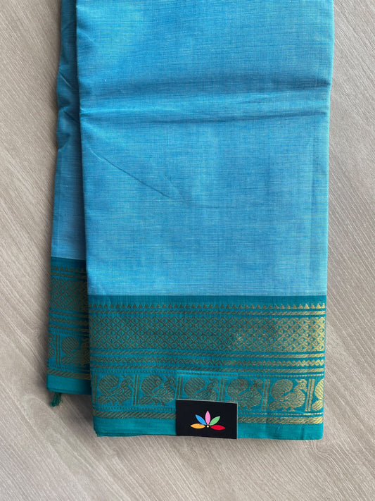 Sky-Blue Zari Border Chettinad Cotton Saree - 37358