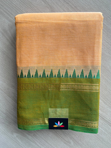 Peach Orange Zari Border Chettinad Cotton Saree - 37360