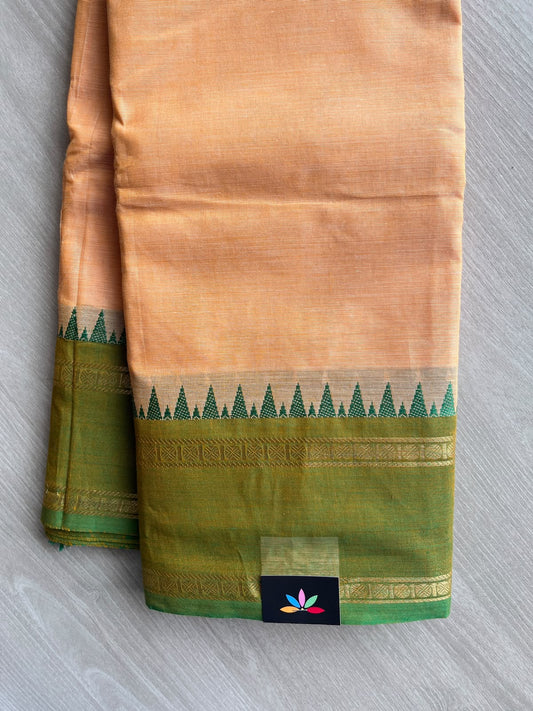 Peach Orange Zari Border Chettinad Cotton Saree - 37360