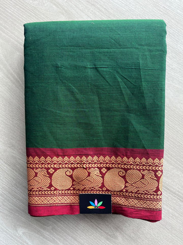 Dark Green Zari Border Chettinad Cotton Saree - 37367