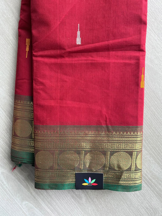 Venetian Red Zari Border Butta Chettinad Cotton Saree - 37382