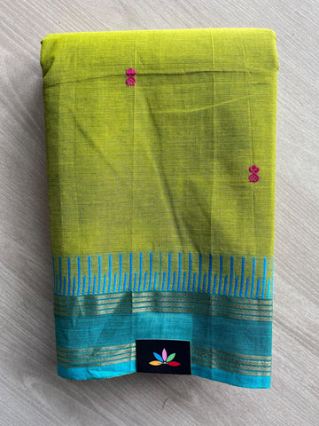 Pear Green Zari Border Butta Chettinad Cotton Saree - 37383