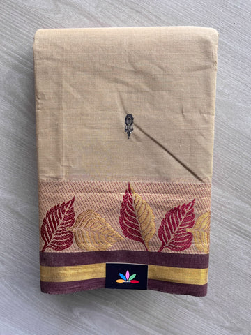 Almond Beige Zari Border Butta Chettinad Cotton Saree - 37385
