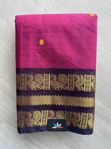 Magenta Pink Zari Border Butta Chettinad Cotton Saree - 37388