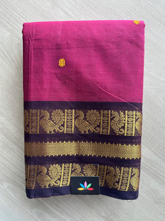 Magenta Pink Zari Border Butta Chettinad Cotton Saree - 37388