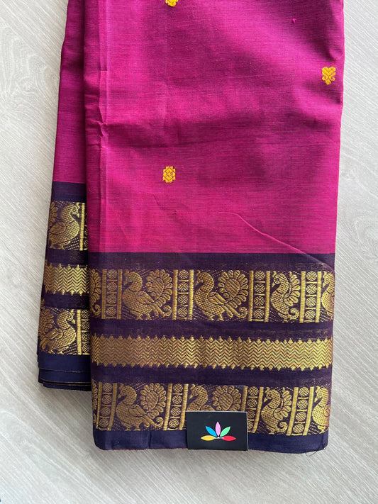 Magenta Pink Zari Border Butta Chettinad Cotton Saree - 37388