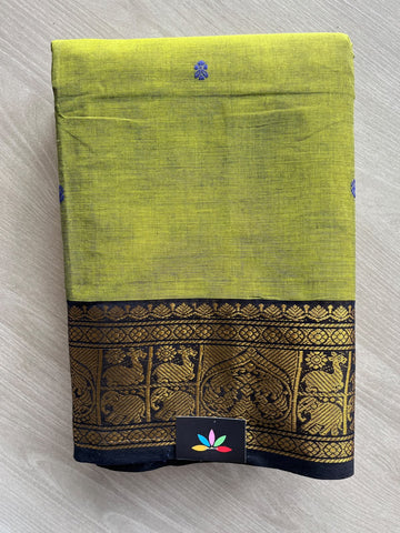 Pear Green Zari Border Butta Chettinad Cotton Saree - 37391