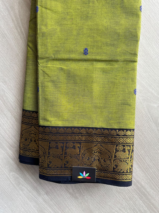 Pear Green Zari Border Butta Chettinad Cotton Saree - 37391
