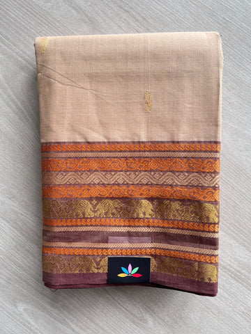 Bisque Cream Zari Border Butta Chettinad Cotton Saree - 37402