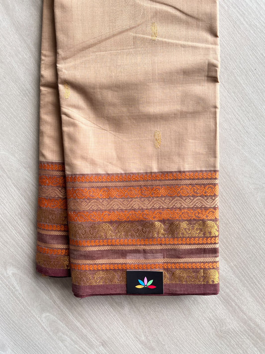 Bisque Cream Zari Border Butta Chettinad Cotton Saree - 37402