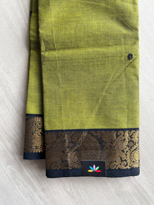 Olive Green Zari Border Butta Chettinad Cotton Saree - 37403