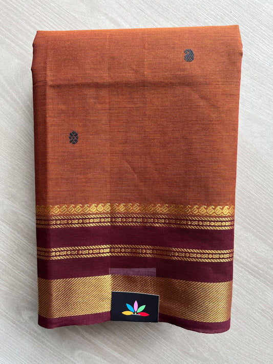 Red Ochre Zari Border Butta Chettinad Cotton Saree - 37404