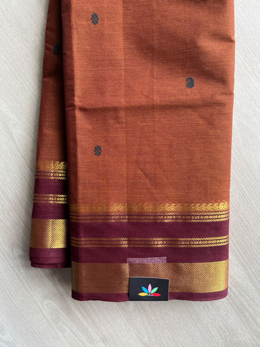Red Ochre Zari Border Butta Chettinad Cotton Saree - 37404