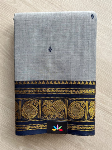 Silver Grey Zari Border Butta Chettinad Cotton Saree - 37408
