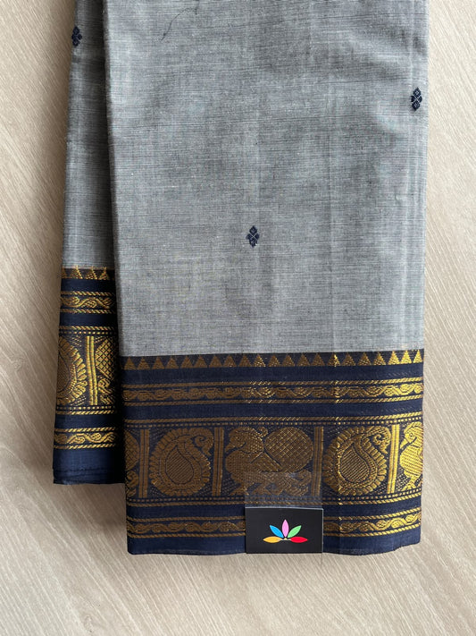 Silver Grey Zari Border Butta Chettinad Cotton Saree - 37408