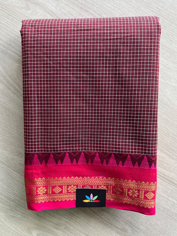 Wine Red Checked Chettinad Cotton Saree - 37414
