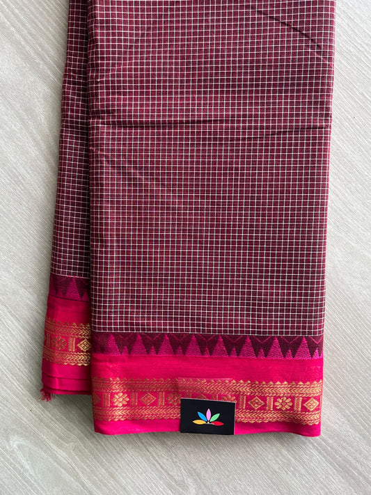 Wine Red Checked Chettinad Cotton Saree - 37414