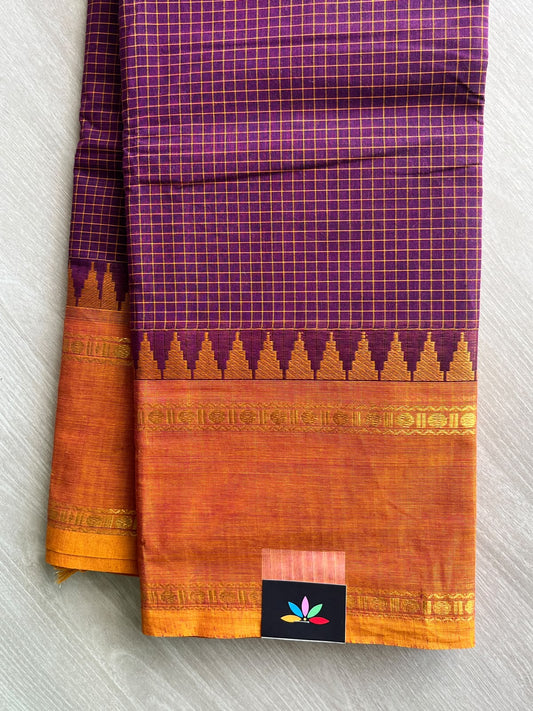 Deep Purple Checked Chettinad Cotton Saree - 37415