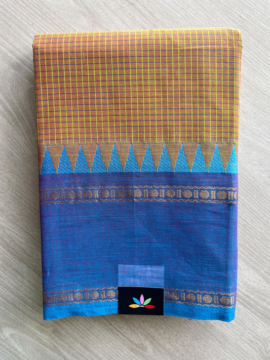 Antique Gold Checked Chettinad Cotton Saree - 37417
