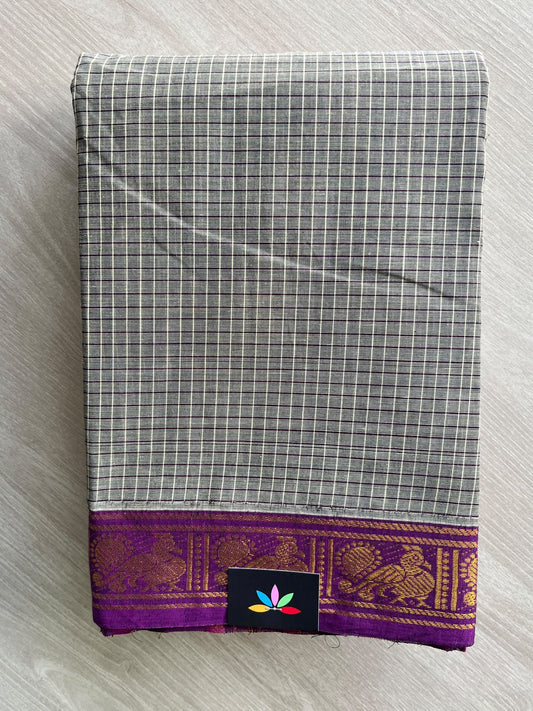 Light Grey Checked Chettinad Cotton Saree - 37419