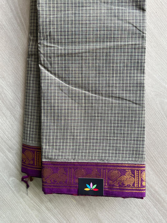 Light Grey Checked Chettinad Cotton Saree - 37419