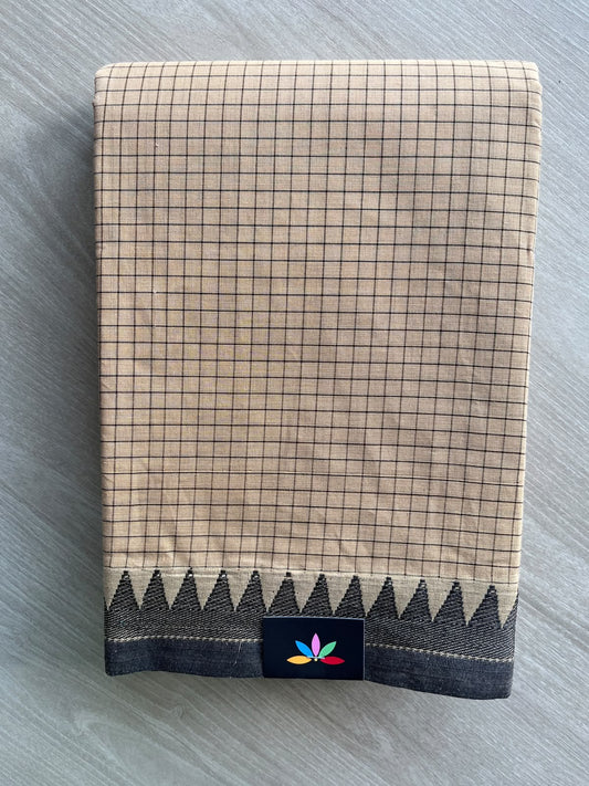 Natural Beige Checked Chettinad Cotton Saree - 37421