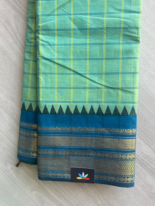 Green Crystal Checked Chettinad Cotton Saree - 37422
