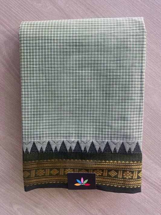 Sage Green Checked Chettinad Cotton Saree - 37423