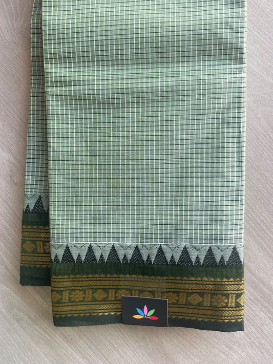 Sage Green Checked Chettinad Cotton Saree - 37423