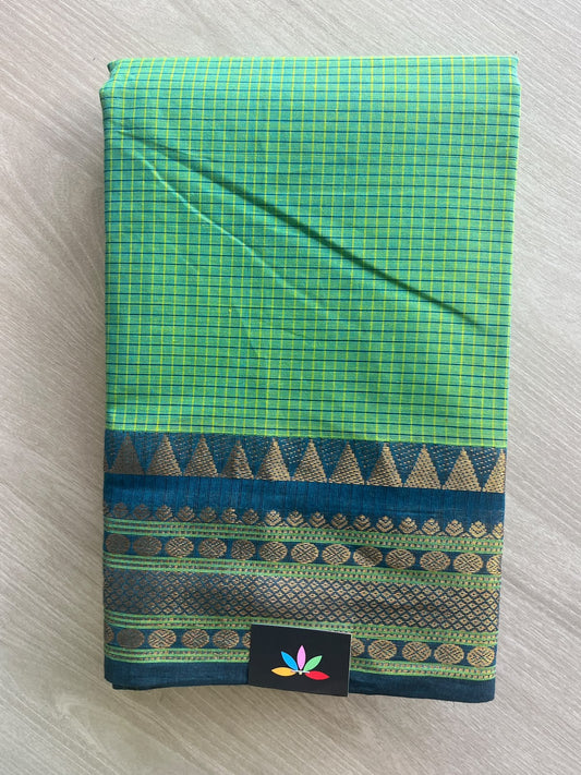 Ocean Green Checked Chettinad Cotton Saree - 37424