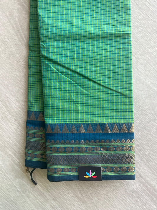 Ocean Green Checked Chettinad Cotton Saree - 37424