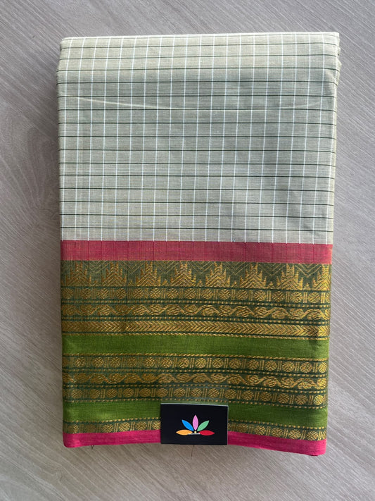 Silver Sage Green Shade Checked Chettinad Cotton Saree - 37425