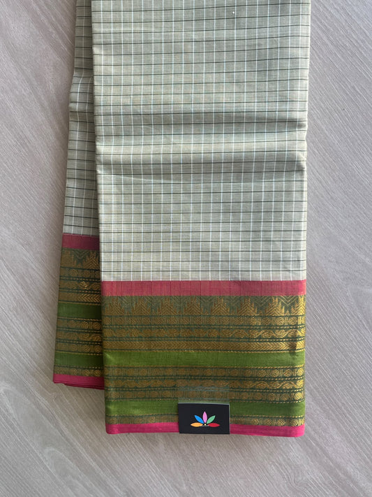 Silver Sage Green Shade Checked Chettinad Cotton Saree - 37425