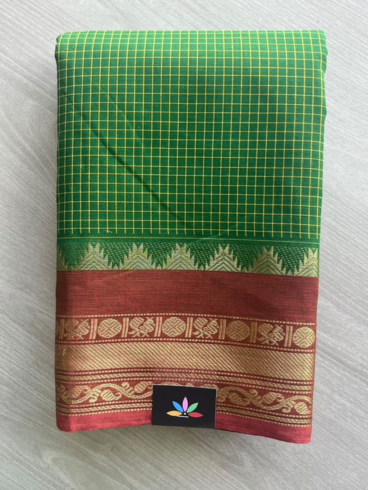 Tree Green Checked Chettinad Cotton Saree - 37427